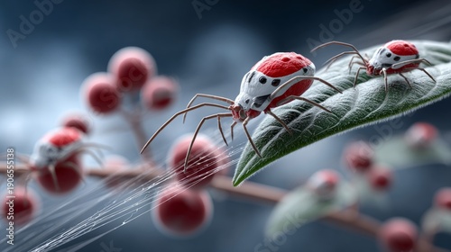 Wallpaper Mural Red spiders on a leaf weaving silk in a detailed close-up scene Torontodigital.ca