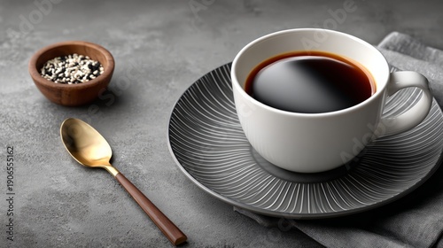 Wallpaper Mural Cup of coffee placed on a textured plate alongside a spoon and a bowl of seeds on a surface. Torontodigital.ca