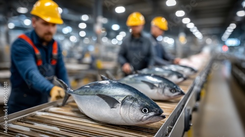 Wallpaper Mural Workers in hard hats process tuna on a conveyor belt at a seafood factory in a production setting Torontodigital.ca