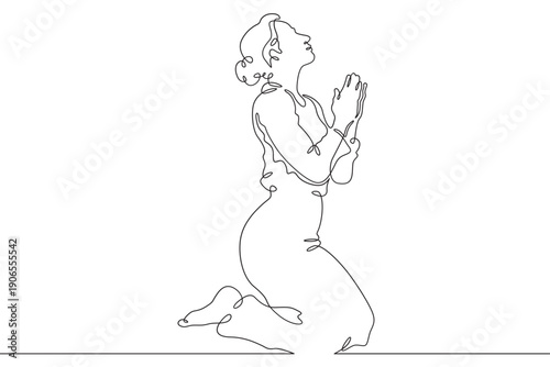 Wallpaper Mural Continuous single line drawing woman praying. Beautiful woman praying on her knees. Faith. Religion. Linear.One continuous line isolated minimalist illustration. Not AI. Torontodigital.ca