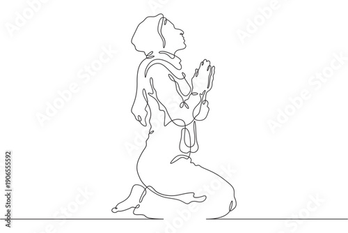 Continuous single line drawing woman praying. Beautiful woman praying on her knees. Faith. Religion. Linear.One continuous line isolated minimalist illustration. Not AI.
