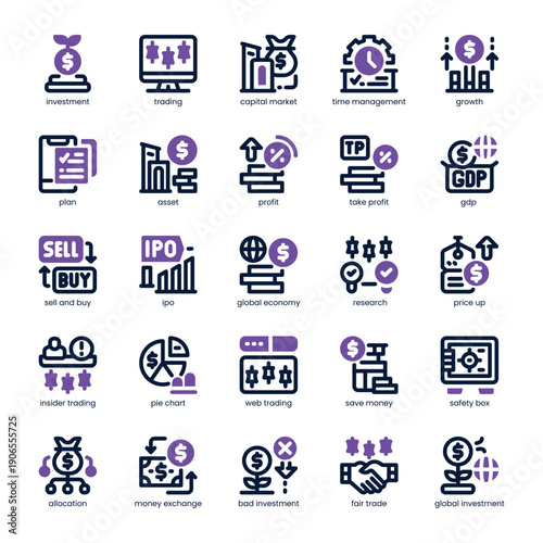 Investment And Trading Icon pack for your website, mobile, presentation, and logo design. Investment And Trading Icon dual tone design. Vector graphics illustration and editable stroke.