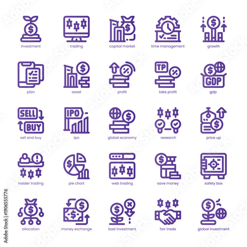 Investment And Trading Icon pack for your website, mobile, presentation, and logo design. Investment And Trading Icon line basic color design. Vector graphics illustration and editable stroke.