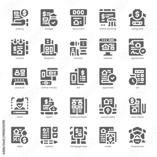 Mortgage Service Icon pack for your website, mobile, presentation, and logo design. Mortgage Service Icon solid design. Vector graphics illustration and editable stroke.