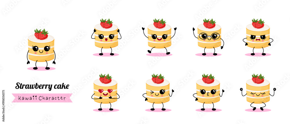 Fototapeta premium Kawaii Strawberry Cake Characters Cute Dessert Illustration Set