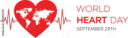 World Heart Day awareness banner illustration, global cardiovascular health campaign with red heart world map and heartbeat line design