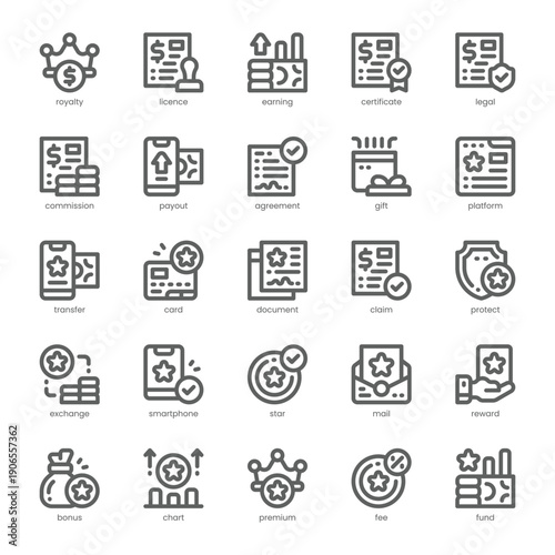 Royalty and Finance Icon pack for your website, mobile, presentation, and logo design. Royalty and Finance Icon outline design. Vector graphics illustration and editable stroke.