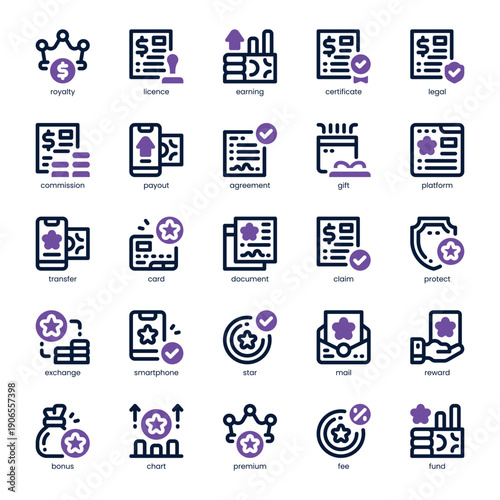 Royalty and Finance Icon pack for your website, mobile, presentation, and logo design. Royalty and Finance Icon dual tone design. Vector graphics illustration and editable stroke.