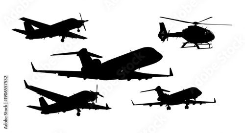 Collection of Silhouettes of Various Aircraft and Helicopter.