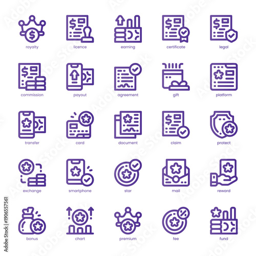 Royalty and Finance Icon pack for your website, mobile, presentation, and logo design. Royalty and Finance Icon line basic color design. Vector graphics illustration and editable stroke.