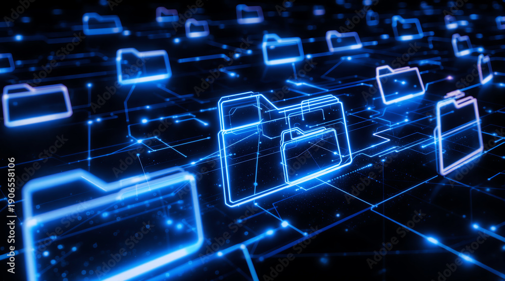 Obraz premium Digital glowing folders floating in a network grid represent data storage, file management, and cloud computing in a futuristic, high-tech environment