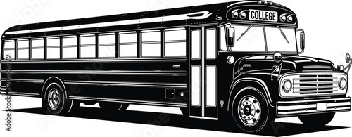 "Detailed vector illustration of traditional school bus with college destination sign, symbolizing education journey, student transport and academic transition"