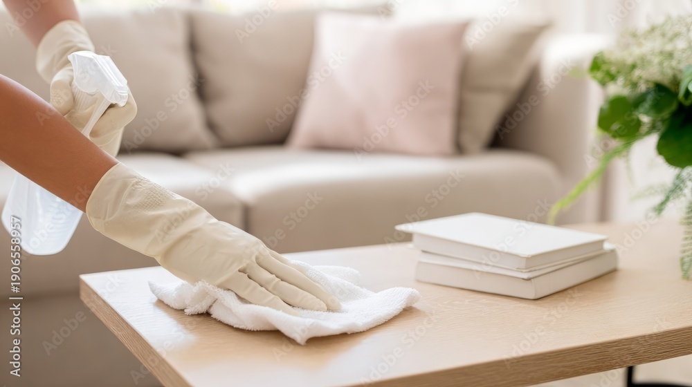 Obraz premium Woman cleaning wooden table with spray bottle and cloth, wearing gloves. Home hygiene, housework, disinfection concept. Domestic sanitation for clean house.
