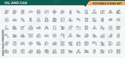 Set of Gas and oil line icon. Featuring oil, pump, refinery, petroleum and more. Minimal icons collection. Gas line icon set. Editable vector. Pixel perfect.