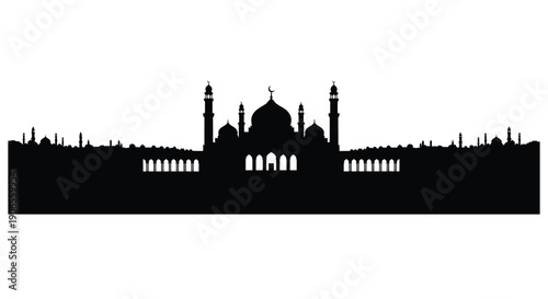 Taj Mahal silhouette with domes and minarets against a white background