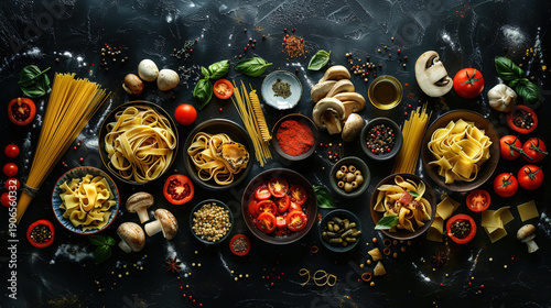 Assorted Italian food dishes arranged on a dark wooden table with fresh ingredients and colorful vegetables