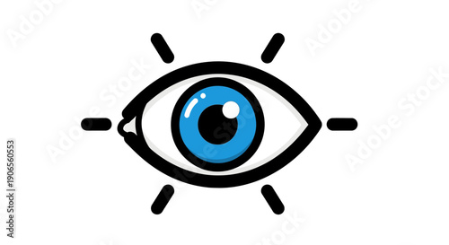 A stylized illustration of a blue eye with black lines on a white background
