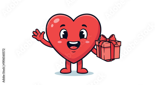 A cheerful cartoon heart character holding a gift box and waving on a white background with a playful and festive mood.