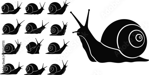 Large collection of black snail silhouettes featuring various garden gastropod designs with spiral shells and long tentacles isolated on white background for nature design.