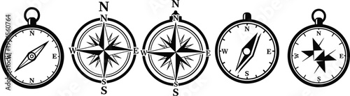Black and white compass designs set featuring traditional needle pointers and stylized compass roses with cardinal and intermediate directional points