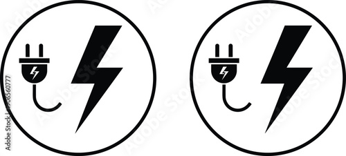 Black circular icons featuring electric plug with lightning bolt symbol representing electricity, charging, and energy power design concepts