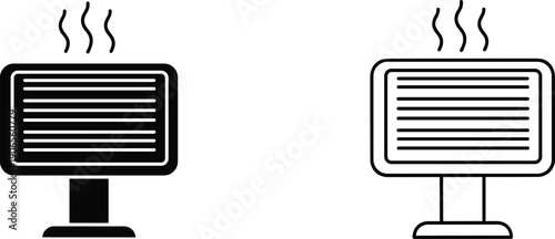 Black and white computer monitor icons with steam lines rising, symbolizing overheating, thermal issues, and electronic device maintenance
