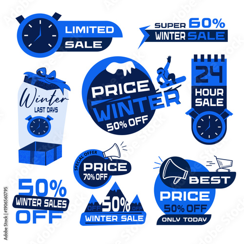 Vector illustration of winter sale badge design. Seasonal discount promotion with snowflake elements. Perfect for retail marketing banners.