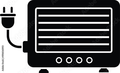 Black silhouette of electric toaster oven with rounded corners, wire rack lines, control dials, and power cord for kitchen appliance illustration