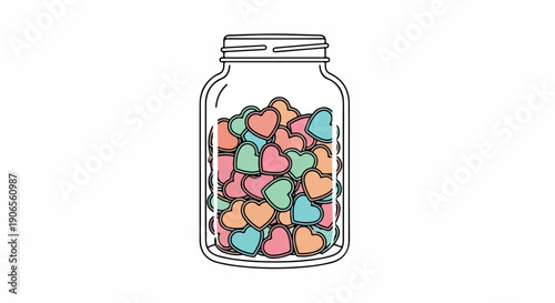 Colorful illustration of a glass jar filled with pink, orange, and blue hearts on a white background.