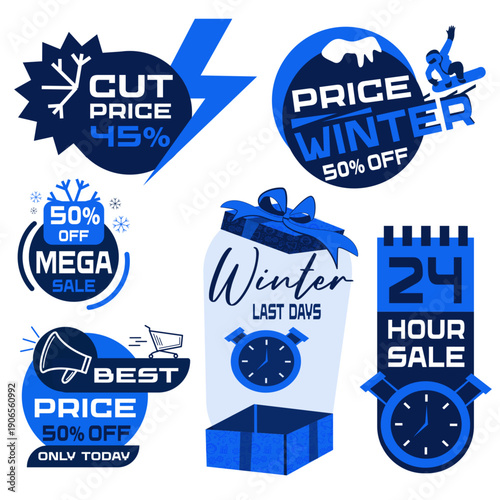 Vector illustration of winter sale badge design. Seasonal discount promotion with snowflake elements. Perfect for retail marketing banners.