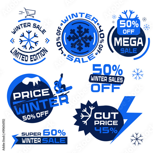 Vector illustration of winter sale badge design. Seasonal discount promotion with snowflake elements. Perfect for retail marketing banners.