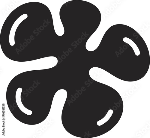 Black, amorphous, blob shape features rounded lobes and a shiny, liquid appearance on a white background.