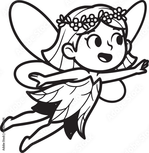Flying fairy cartoon outline – Cute magical fairy character line art vector illustration