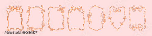 Retro coquette frames with doodle ribbon bows set. Elegant card border design...