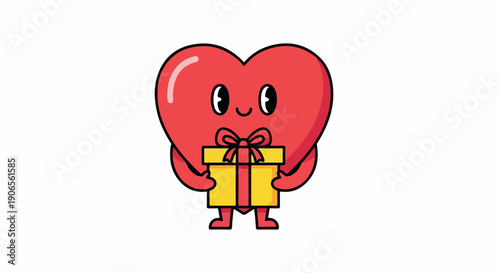A cute red heart character holding a yellow gift box with a red bow on a white background, conveying a loving and generous mood.