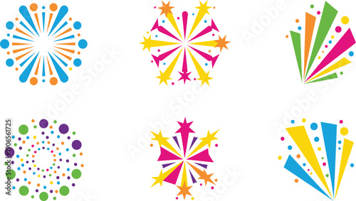 Colorful abstract fireworks and starburst vector icon set for New Year celebration festive party event firecracker display holiday show and anniversary explosion decorative elements.