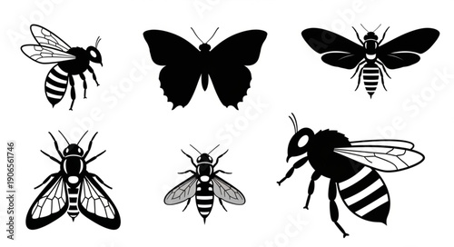 Collection of six black insect silhouettes including bees and butterflies.