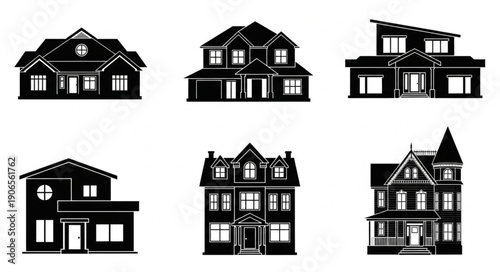 Collection of Six Black House Silhouettes on White Background.