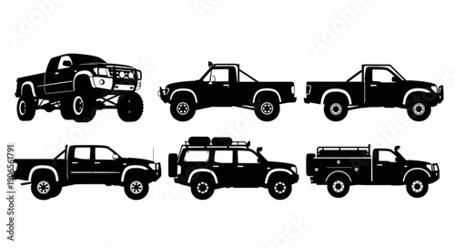 Collection of six black pickup truck and SUV silhouettes.