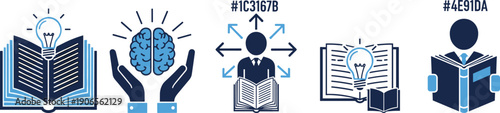 Set of five educational icons showing books, light bulbs, brain, and professional learning symbols for academic, knowledge, and design use