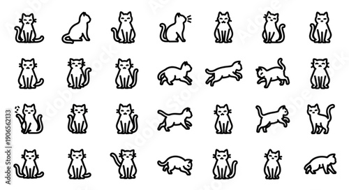 Collection of Simple Cat Icons in Various Poses.