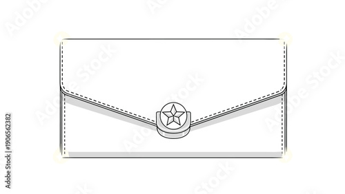 Clean white clutch bag or envelope with a central star emblem and stitched edges shown in a simple vector illustration.