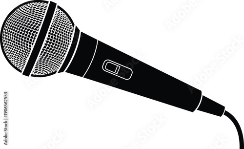 Professional dynamic handheld microphone silhouette with mesh grille and power switch isolated on white background for karaoke music performance podcast and broadcast audio design.