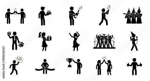 Collection of Simple Stick Figure Icons Representing Various Activities and Celebrations.