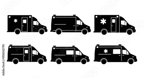 Collection of six black ambulance icons on white background.