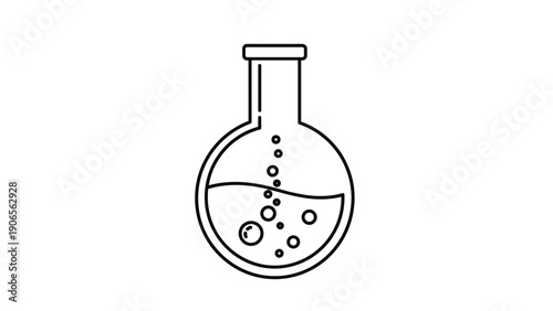 Chemical laboratory flask illustration shows liquid and rising bubbles in a clean line art style for science and education themes.
