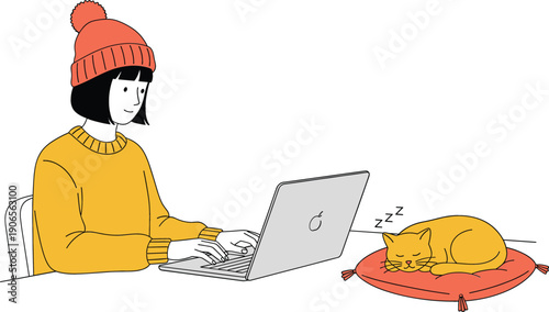 Cozy vector illustration of a young woman in a yellow sweater and beanie working on a laptop at a desk with a ginger cat sleeping on a red cushion.