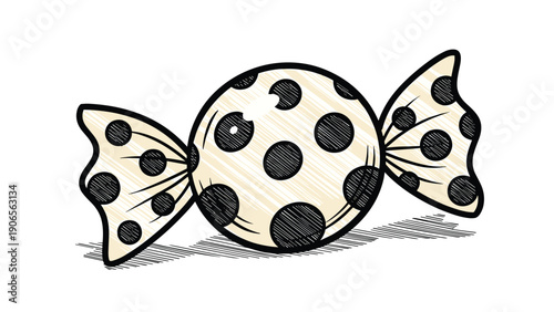 Wrapped candy piece features a round shape and polka dot patterns with twisted ends for a sweet and nostalgic treats illustration.