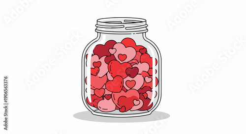 Illustration of a glass jar filled with red and pink hearts on a white background with a subtle shadow.