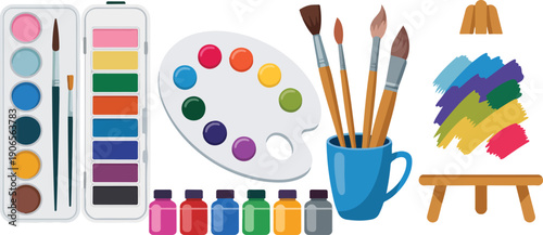 Painting Art Supplies Vector Set  Brushes, Paint Tubes, Palettes & Easel